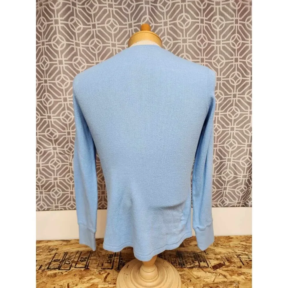 Vintage LL Bean Henley Sweater Mens Size M Fisherman Blue Waffle Knit Outdoor